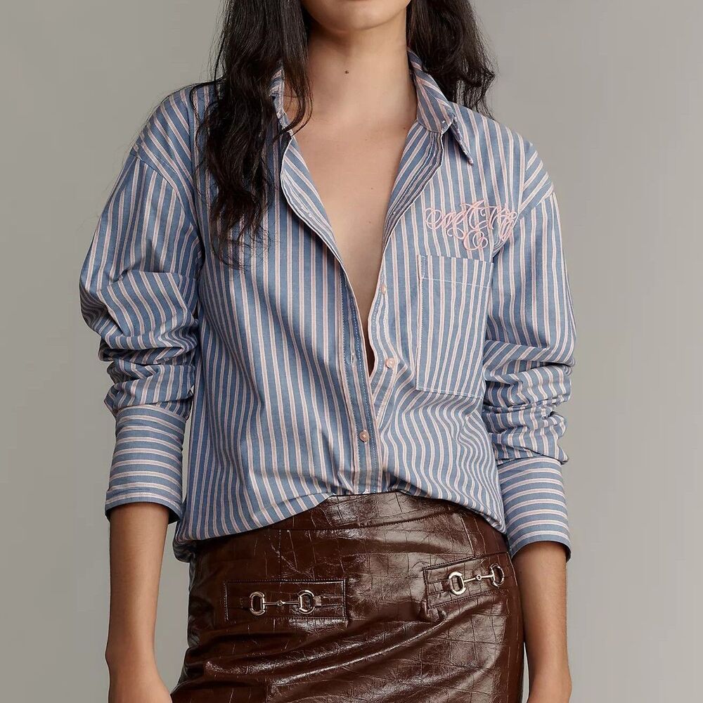 Maeve Anthropologie Embroidered Long-Sleeve Striped Buttondown Shirt  S 291296